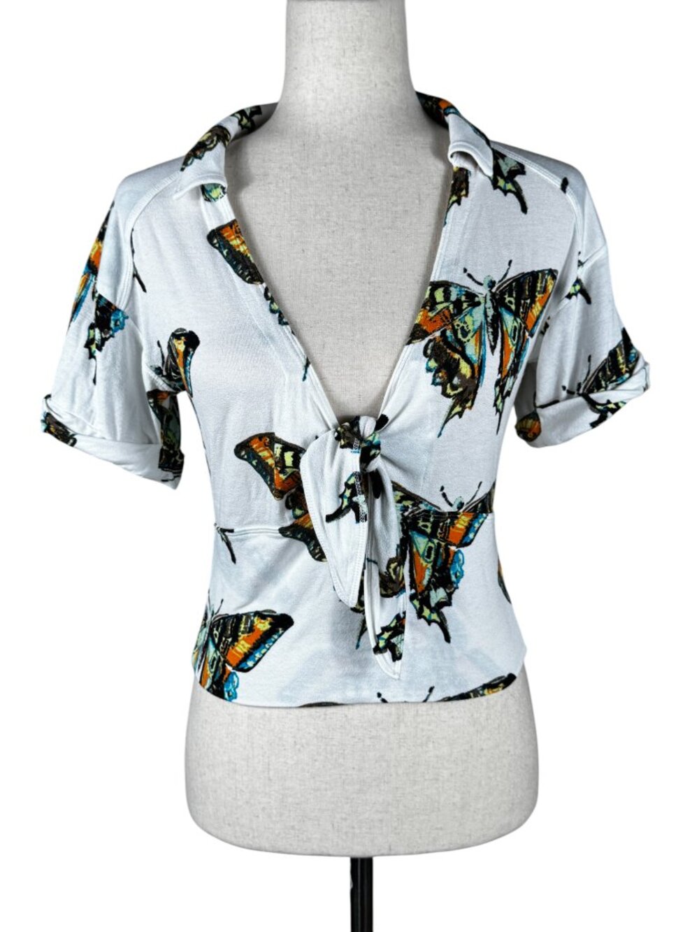 Free People Butterfly Print Collared Short Sleeve Top Size Medium